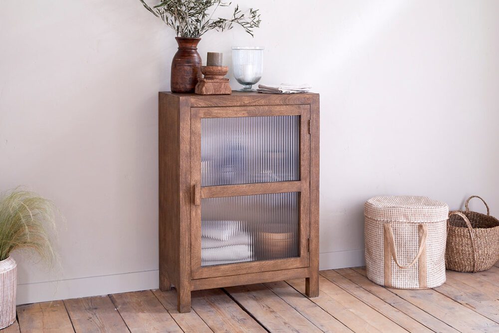 Mendani Mango Wood & Fluted Glass Glass Low Cabinet - Walnut Stain